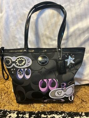 Coach Black Signature Tote with Purple Graphic Accents